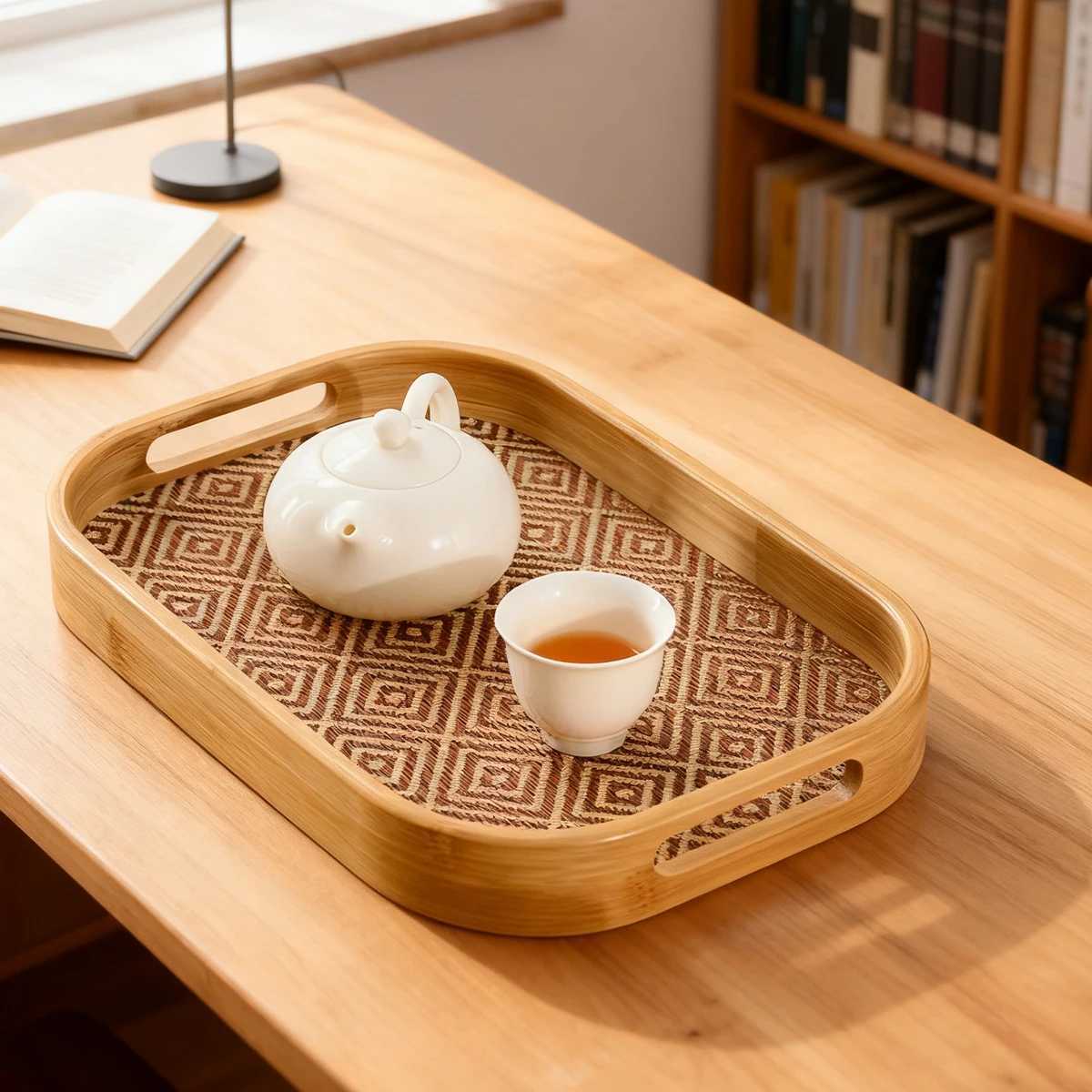 Large Bamboo Rectangular Tray with Handles - Home Restaurant Multi-Functional Platter Y251129