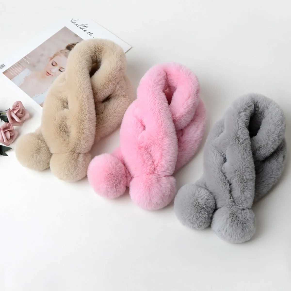 1pc Plush Cross Scarf Faux Rabbit Fur Thickened Plush Ball Thermal Scarf Thick Winter Women Neck Warmer Collar NeckerchiefJ251129