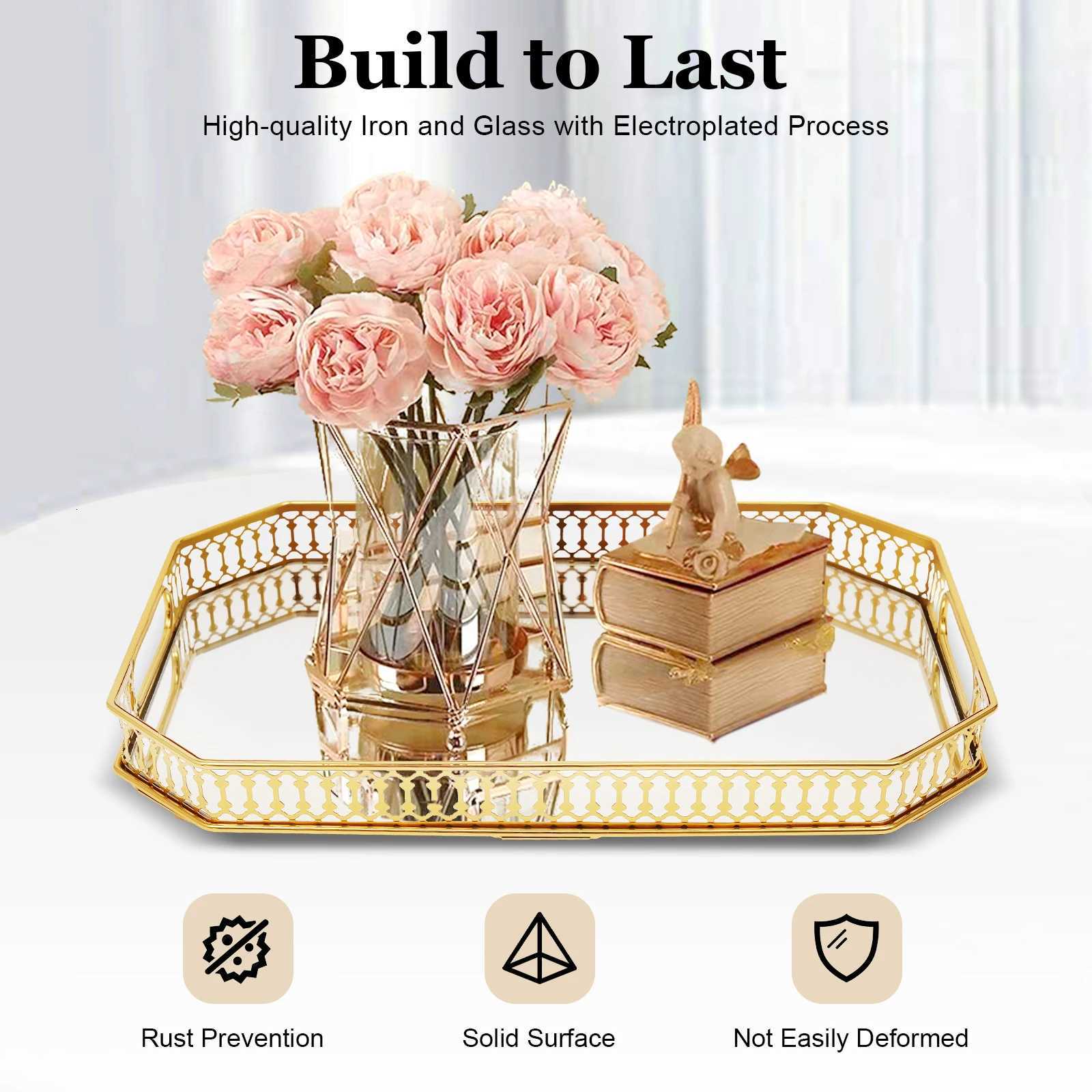 Gold Decorative Tray Rectangular Desktop Serving Vanity Tray Modern Iron Glass Electroplated Tabletop Home Decorative Tray Y251129