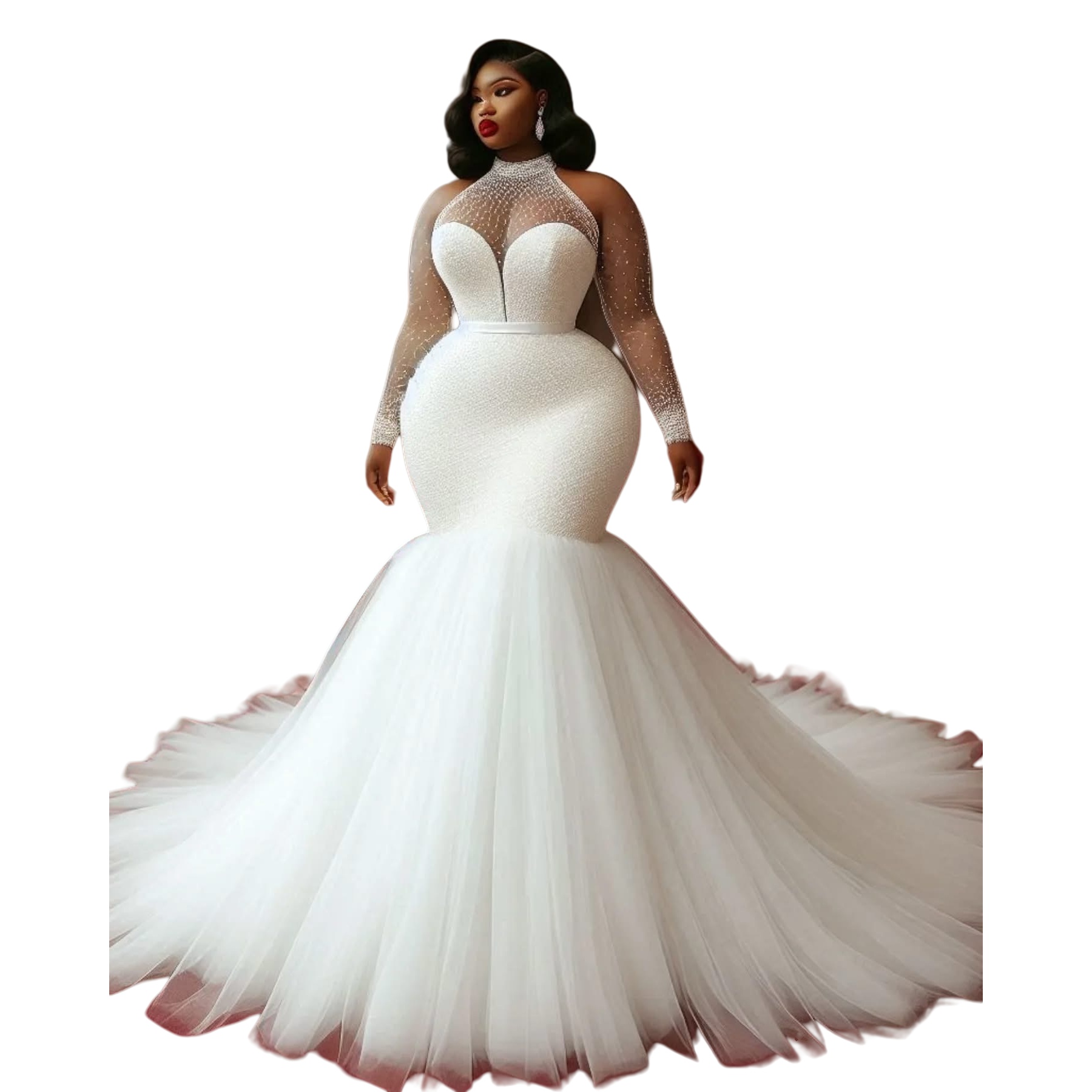 2025 Oversize Aso Ebi Plus Size Ivory Wedding Dress Pearls Sequined Full Sleeves Tulle Elegant Bridal Gowns Dresses ZJ059