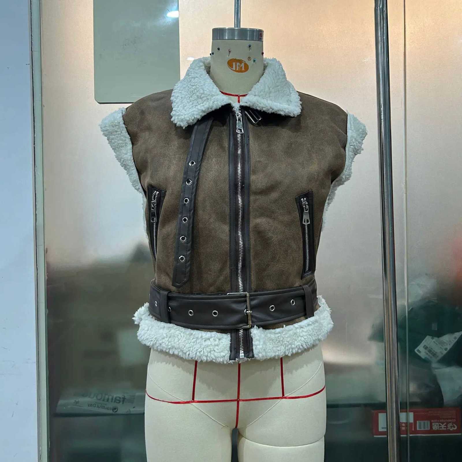 Women Faux Fur Vests Coat Spliced Jacket Zipper Pocket Short Sleeve Turn Down Collar Loose Casual Office Lady 2025 Autumn WinterT251129