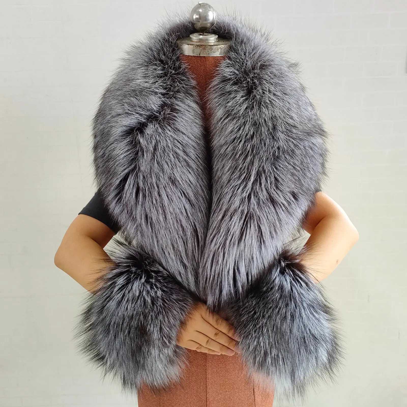 Winter Natural Fox Fur Scarf And Cuff Set Women Jacket Fur Collar Authentic Neck Warm Scarves Luxury Fluffy Fox Fur ShawlJ251129