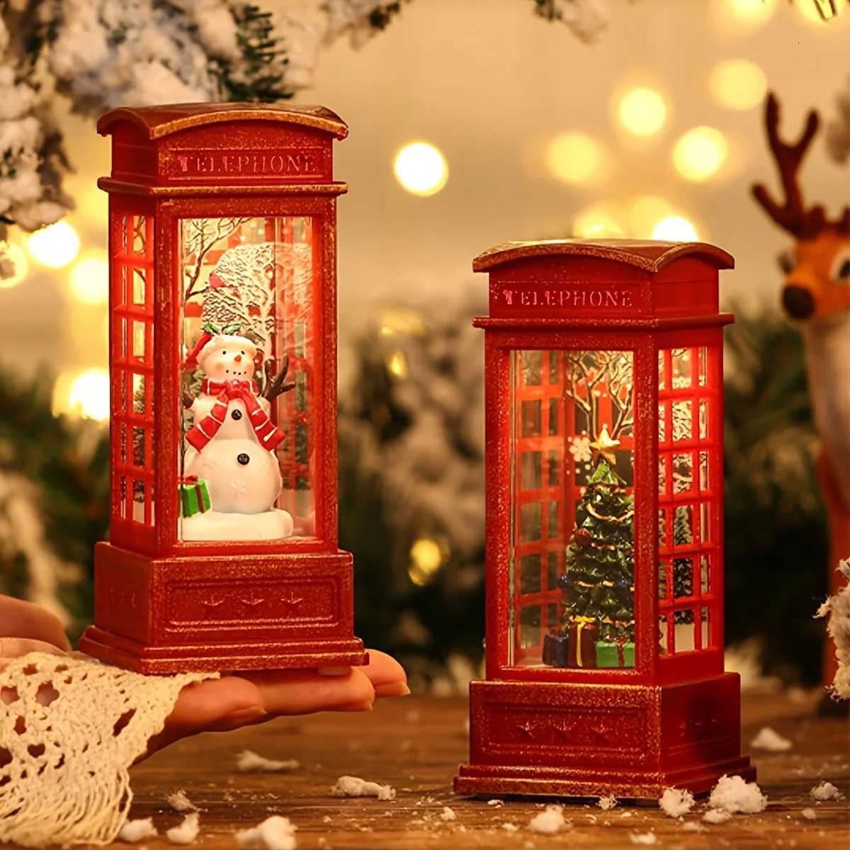 Christmas Phone Booth Decoration with Santa Claus Snowman Tree - Red Retro Telephone Booth Ornament With Light He Decorator H251129