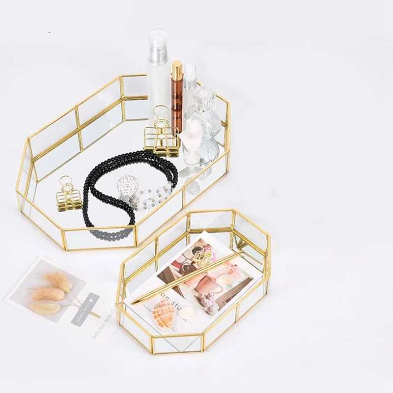 Storage Glass Storage Tray Home Kitchen Golden Tray Simple Jewelry Cosmetic Decoration Retro Copper Tea Storage Trays Y251129