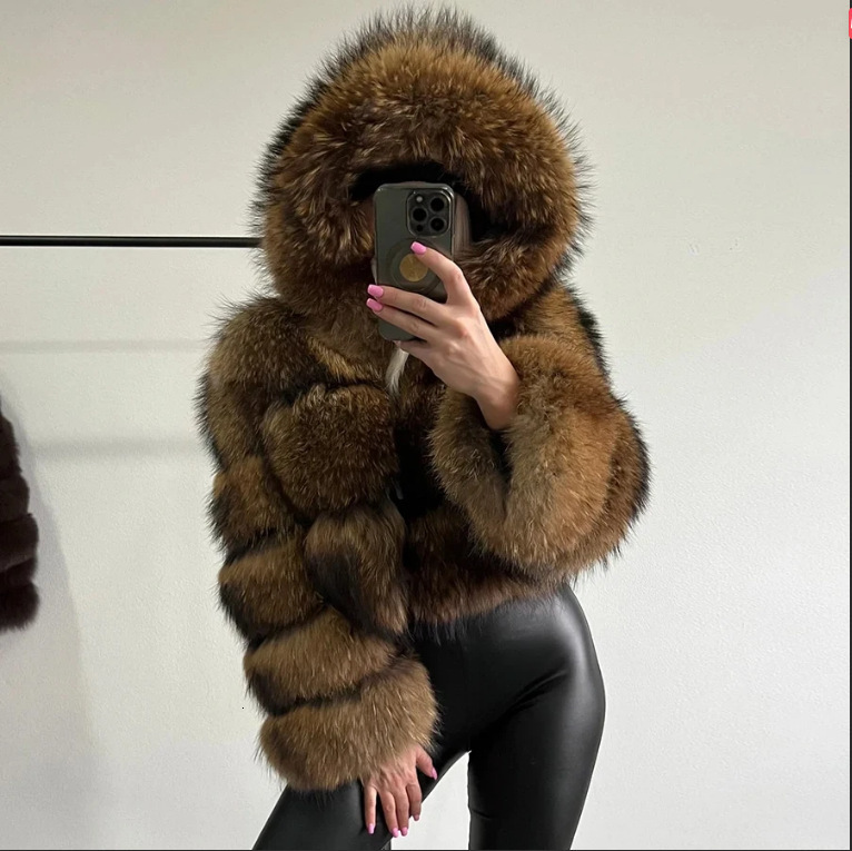 BEIZIRU Womens Winter Fur Coat Hooded Real Raccoon Top Furry Jackets Warm Thick Natural Long Sleeve Outerwear 250926