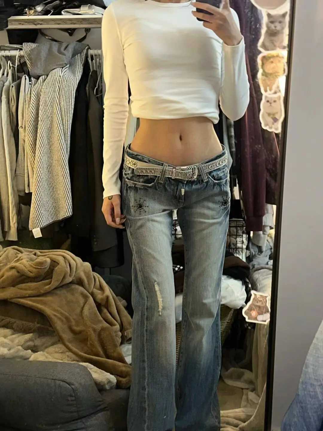 American Vintage Y2K Low Waist Bell Bottom Jeans Womens Wear Faded Slimming Crack Design Heavy Duty Dragging Pants Straight Leg M260310