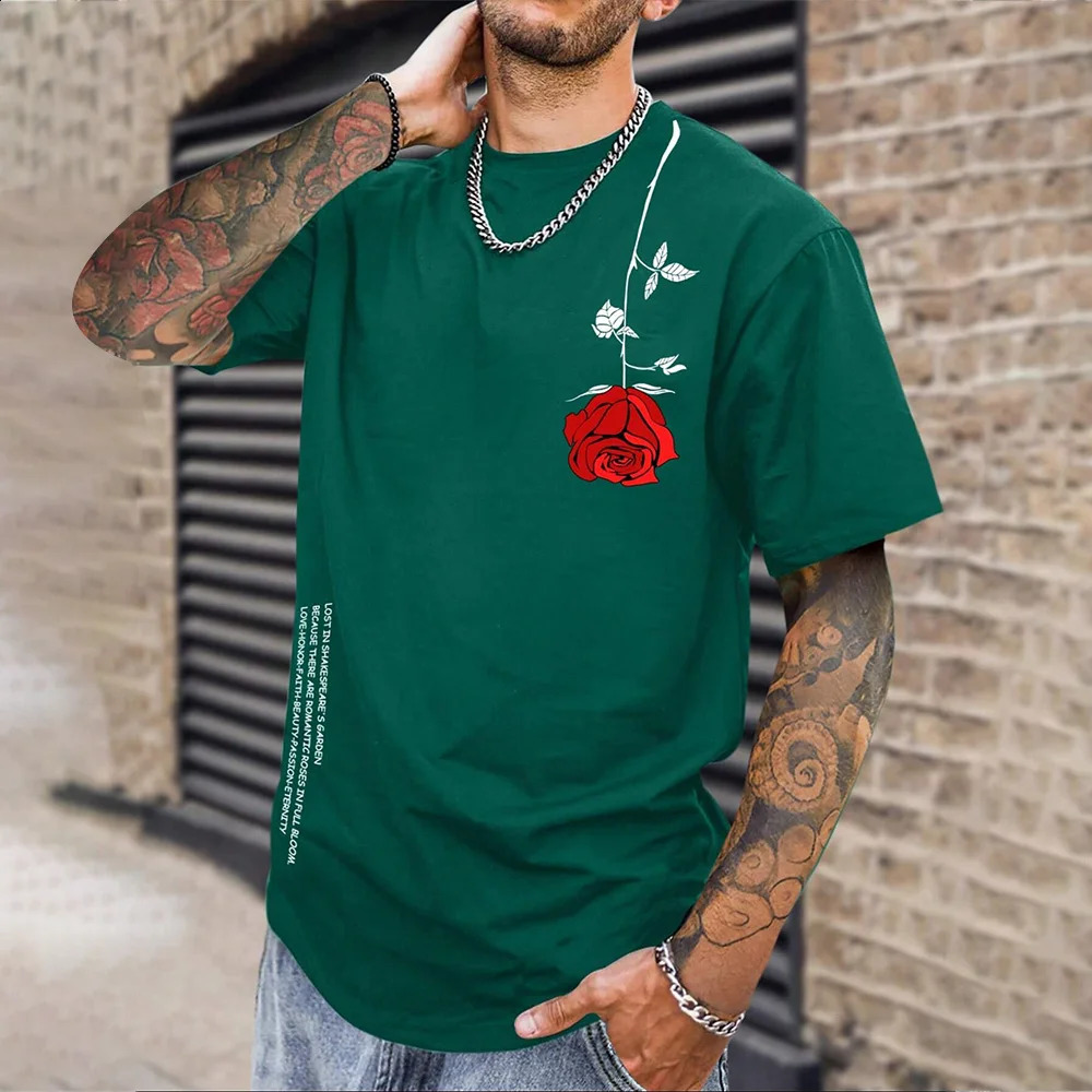 Fashion Rose Graphic Print Plus Size Mens T-shirt Soft Crew Collar Short Sleeve Top Large Loose Mens T-shirt Clothing 250429