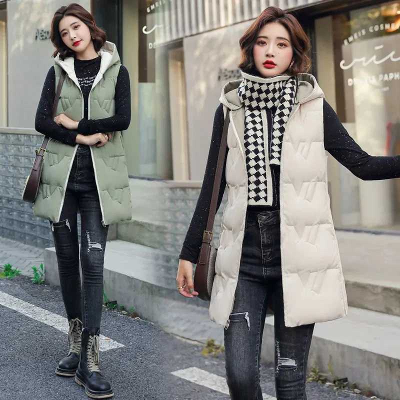 Double Side Vest Korean Slim Hooded Down Cotton Vest Women Waistcoat Sleeveless Jacket 2025 Autumn Winter Jacket Female CoatT251129