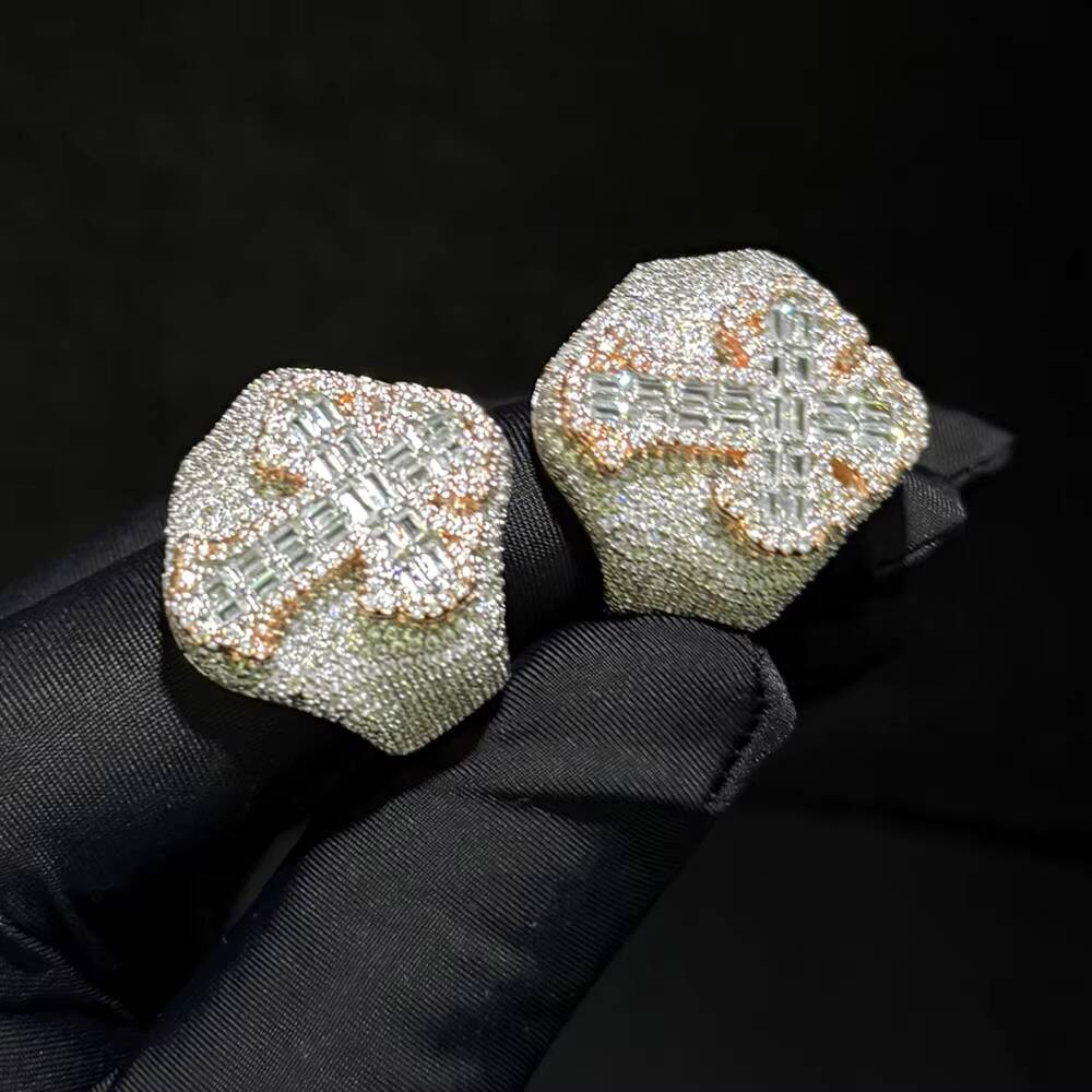 Big Heavy Two Tone Brass Classic Men Hip Hop Cross Ring Full Paved Geometric Round Square Cubic Zirconia Ring Jewelry