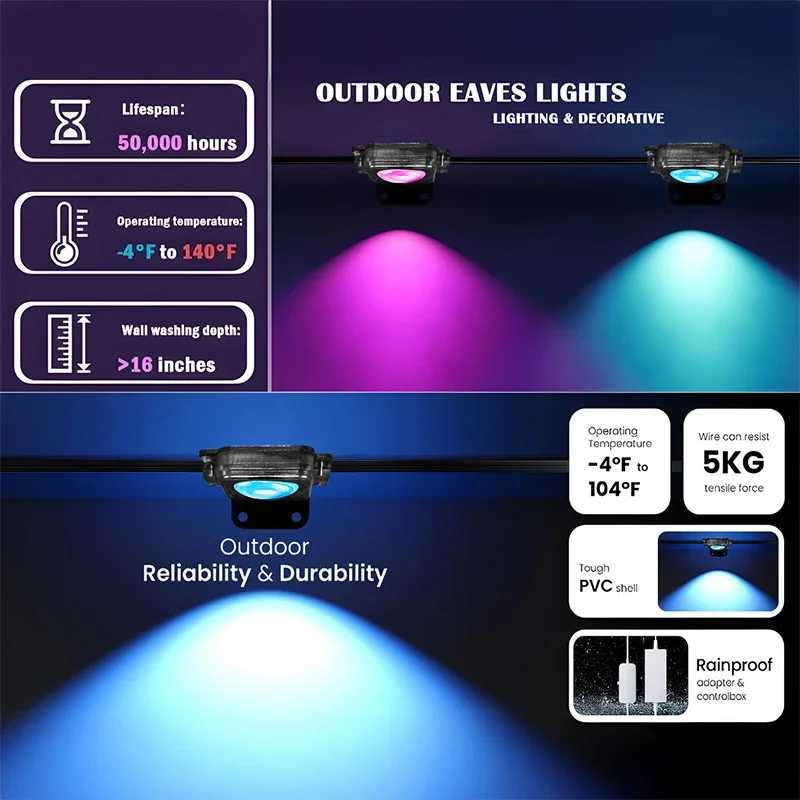 300FT Permanent Outdoor RGB Lights IP67 Waterproof Smart Eave Light DIY Scenes for House Roof Decor Christmas Holiday Daily M251129