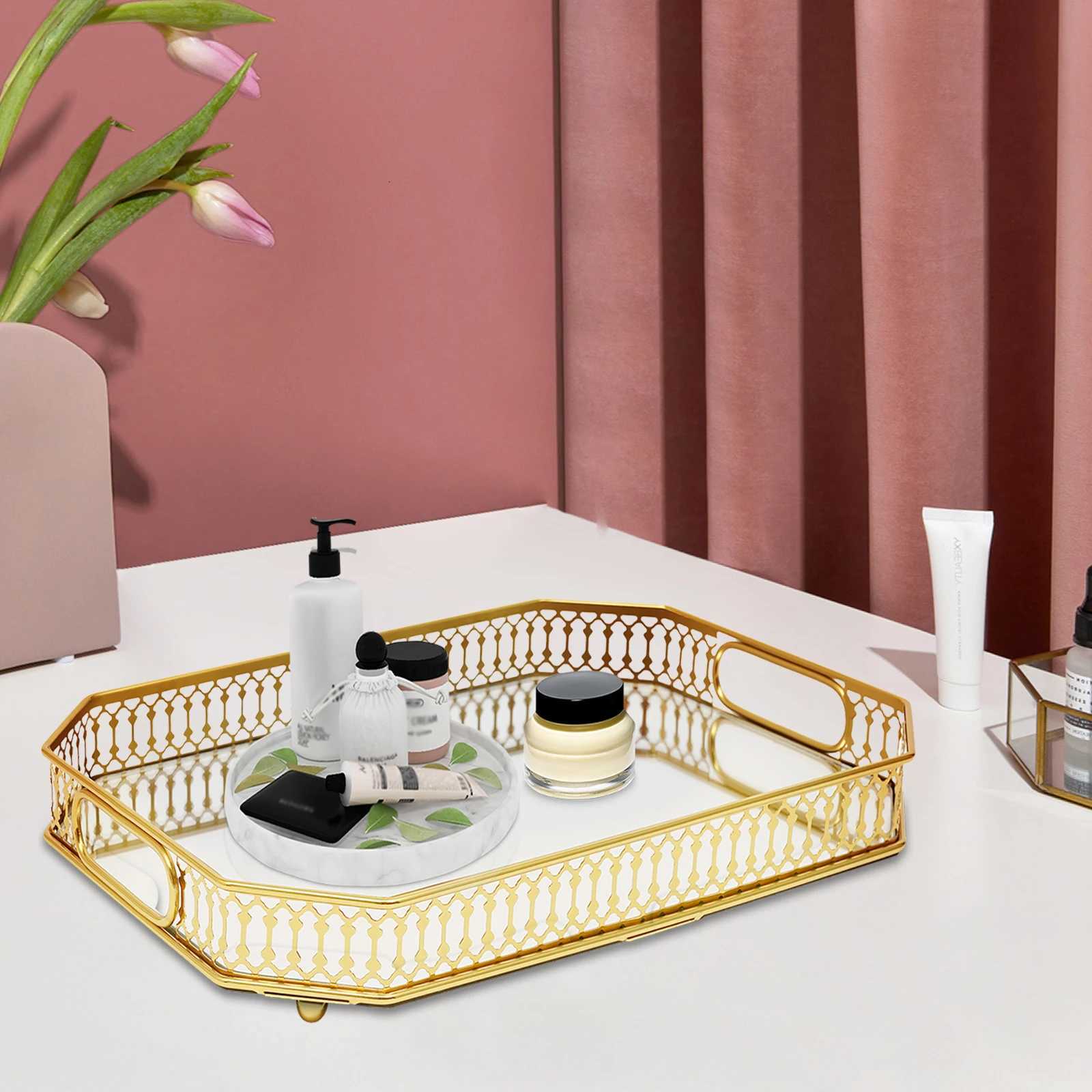 Vintage Octagon Mirror Glass Tray Bedroom Vanity Dresser Cosmetic Perfume Holder Gold Tabletop Home Decorative Tray Y251129