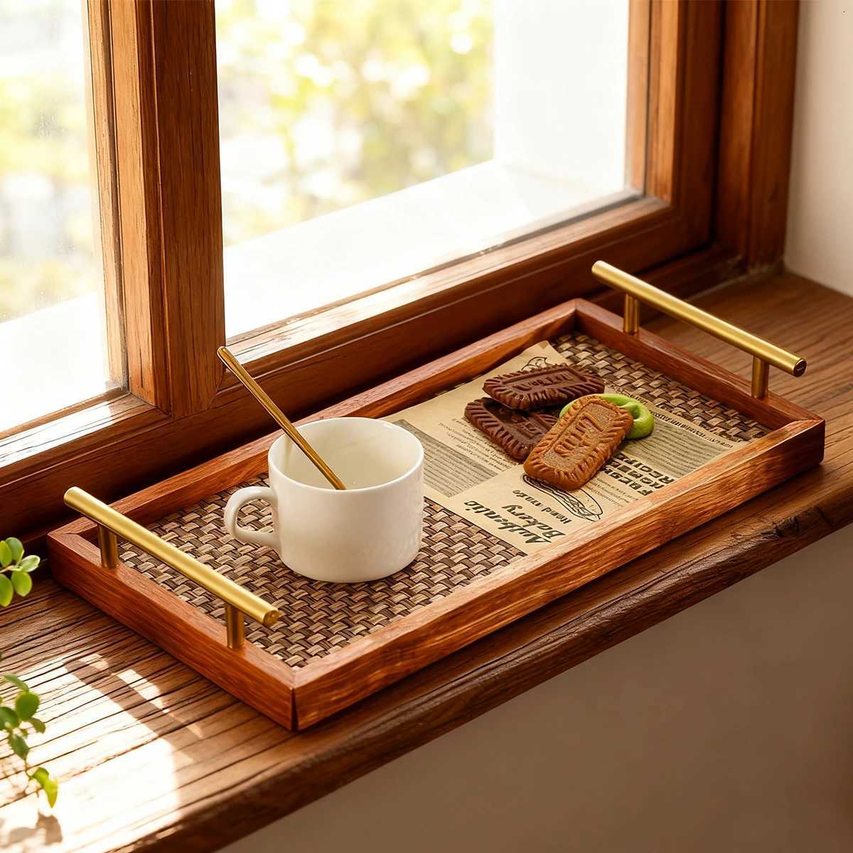 Solid Wood Bohemian Rustic Gold Handle Tray 173 Serving Decor for Coffee Table Bedroom Kitchen Jewelry Display Woven Bottom Y251129