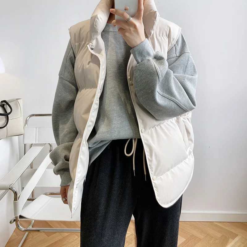 Stand Neck Puffer Cotton Vest Beige Black Autumn Winter Loose Vest Women JacketT251129