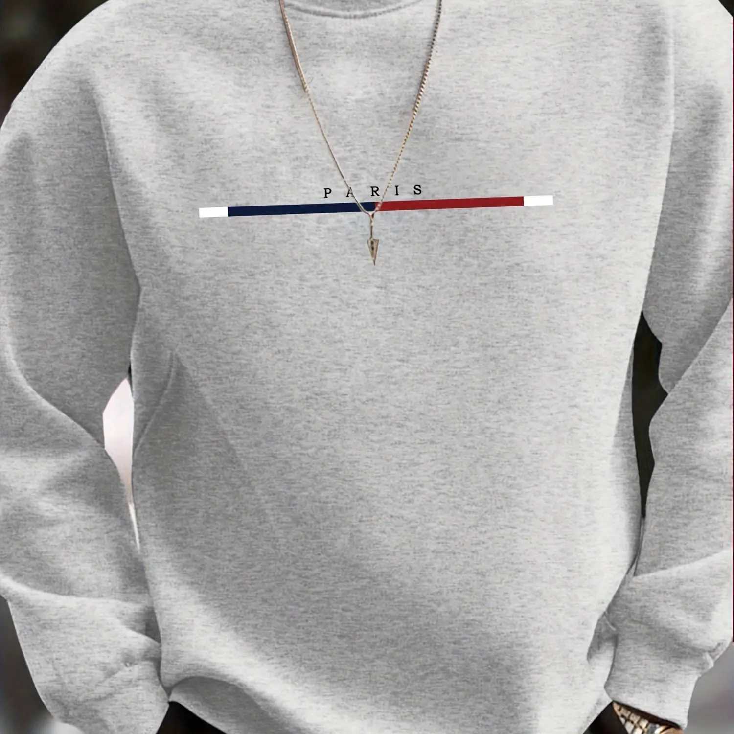 Mens autumn and winter casual sports loose oversized Paris print with fleece warm pullover round neck long sleeved sweatshirt M260312