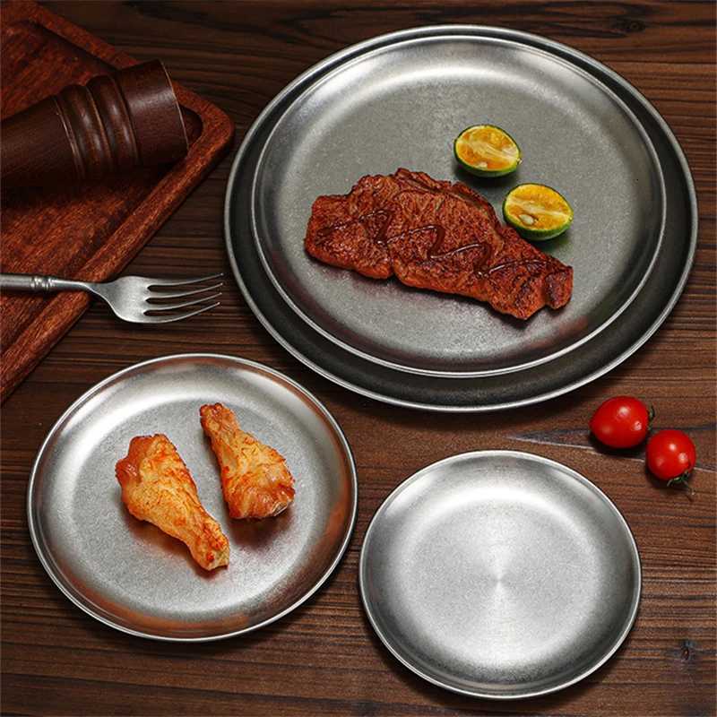 Luxury Snow Peak Stainless Steel Round Plates Matte Reto Dinner Dishes Flat Serving Tray Luxury Tableware Kitchen Dessert Cake Y251129