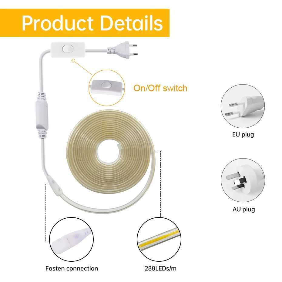 Super Bright 220V COB LED Strip Light 288LEDs/m IP65 Waterproof with EU/AU Switch Plug CW/WW/NW for Room Garden Decor Lighting M251129