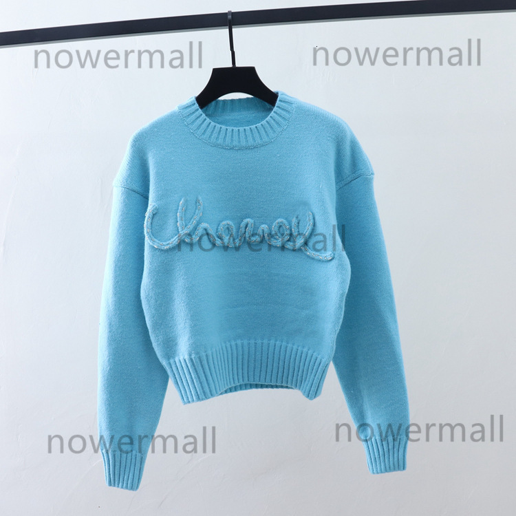 Shen Mengchen Zhao Lusi Celebrity Style Blue Round Neck Slim Fit Long Sleeve Knitted Sweater fo chanelclothes channels channeled cc chanels YBAJ