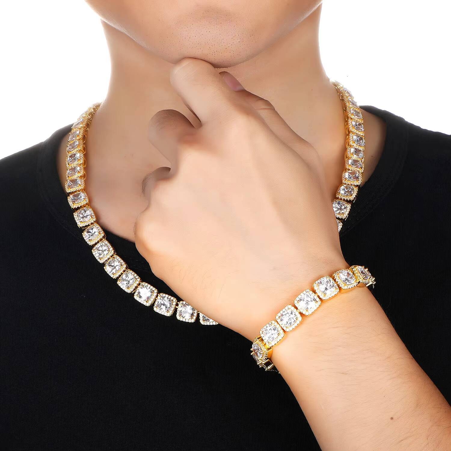 SC Fashion Hip Hop Full Square Diamond Men Necklace Bling Iced Out CZ Diamond Cuban Chain Necklace Bracelet for Men