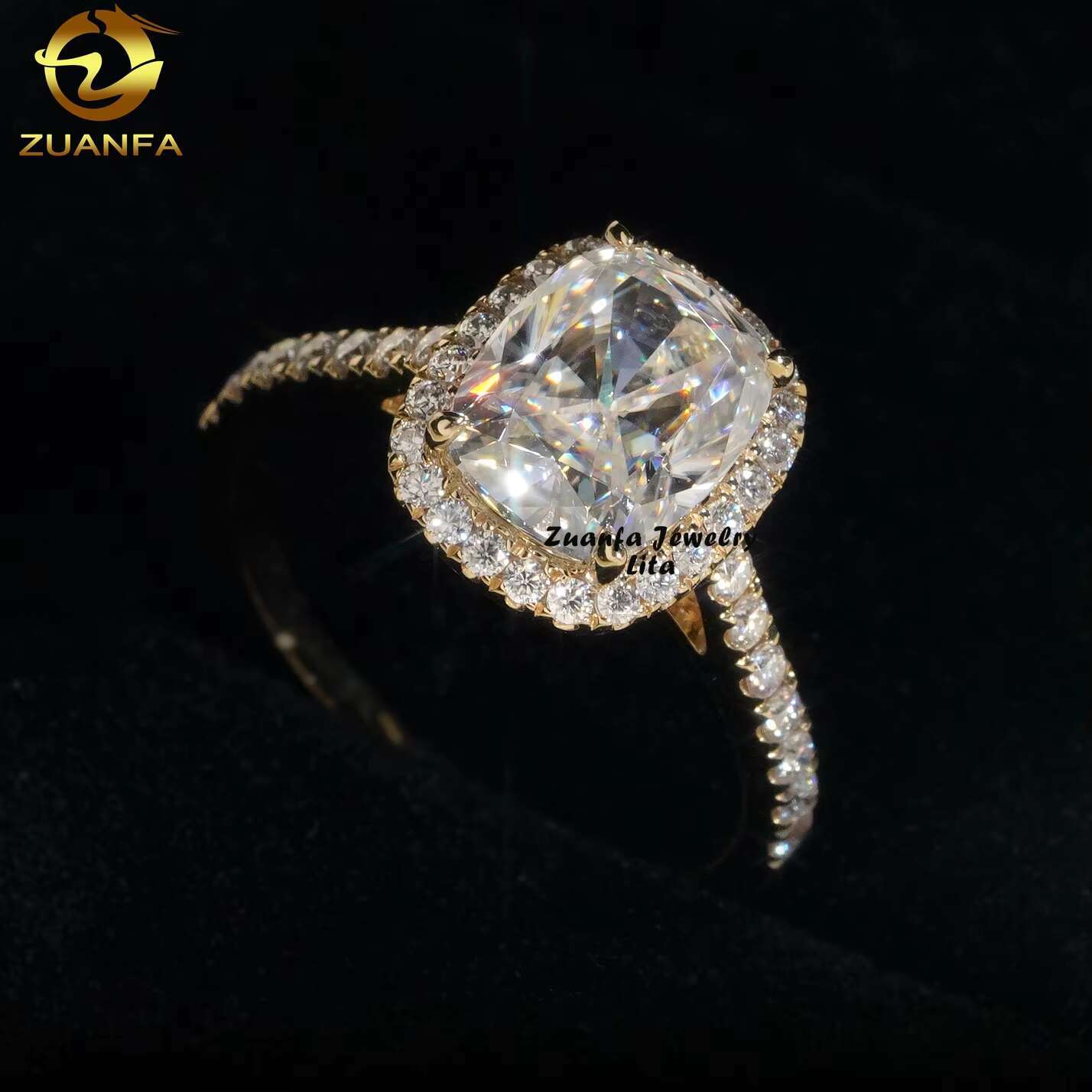 Classic Halo Design 14k Yellow Gold Long Cushion Cut 3ct VVS Moissanite Ladies Engagement Ring
