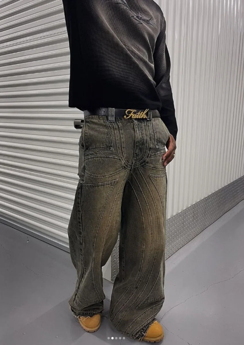 Y2K niche loose jeans American retro waxed hip-hop loose straight pants wide leg pants casual mens jeans 250423