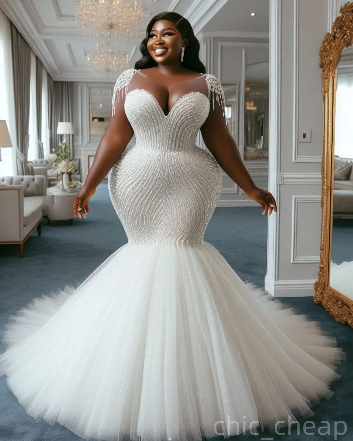 2025 Oversize Aso Ebi Plus Size Ivory Wedding Dress Cap Sleeves Beaded Sequined Tulle Bridal Gowns Dresses ZJ060