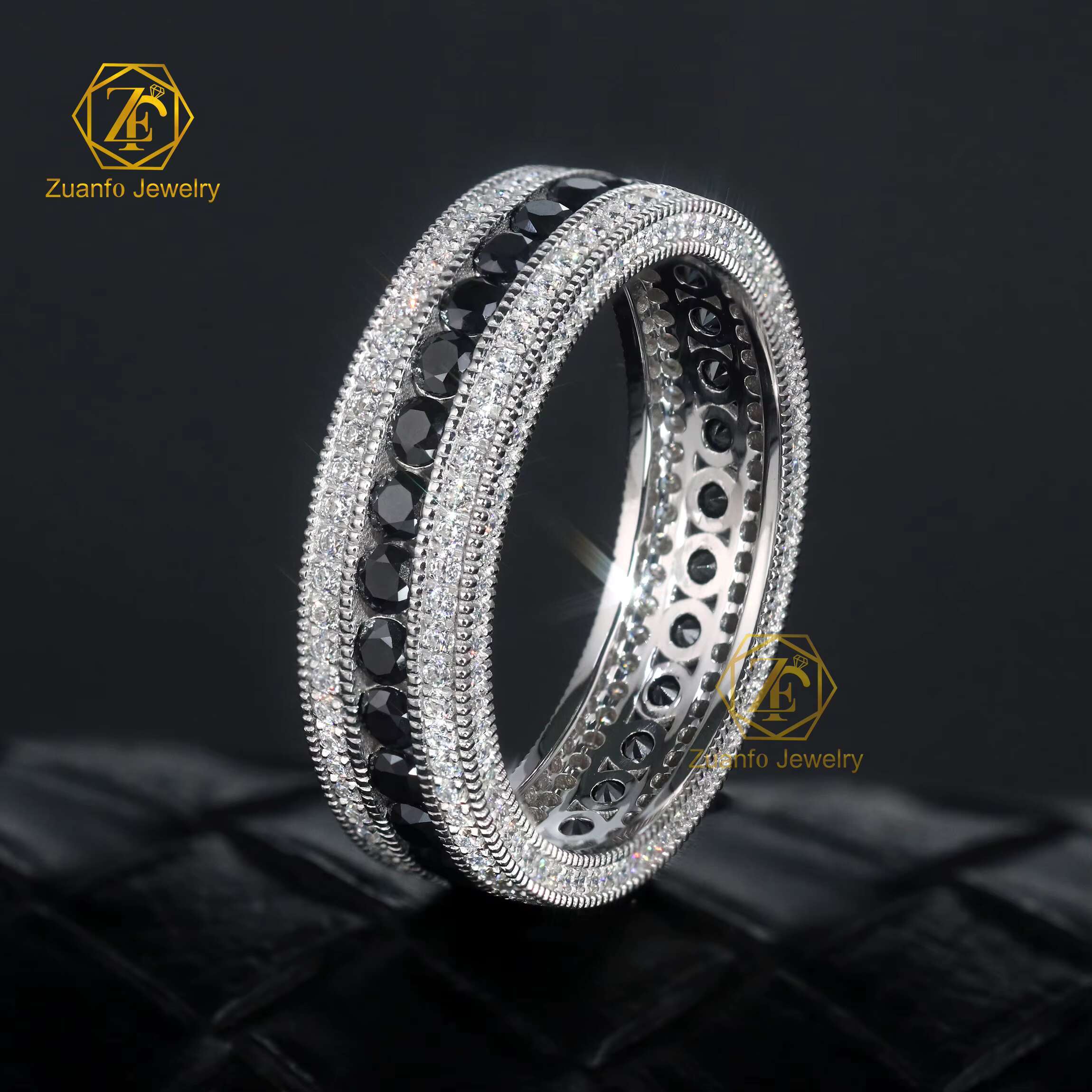 Customized 14K White Gold Hiphop Eternity Band Ring VVS Cut Moissanite Diamond Available in White and Black Colors