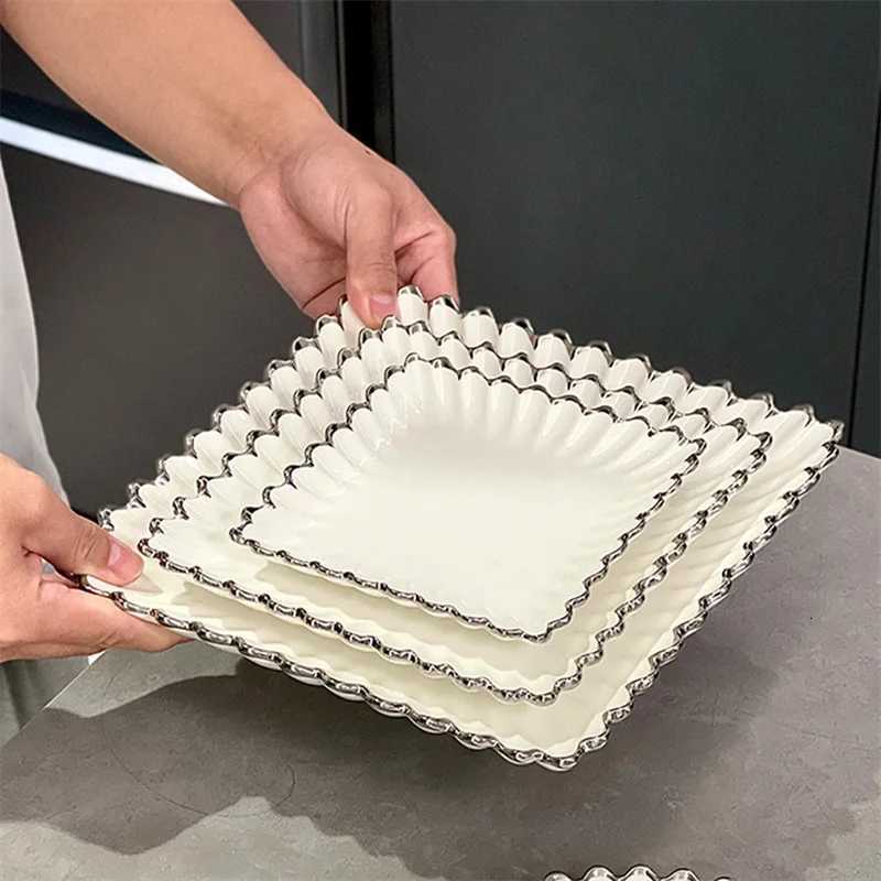 Luxury Light Luxury High-end Ceramic Dish 6/8/10in Plating Silver Flower Edge Round Restaurant Plate Square Afternoon Tea Dessert Plate Y251129