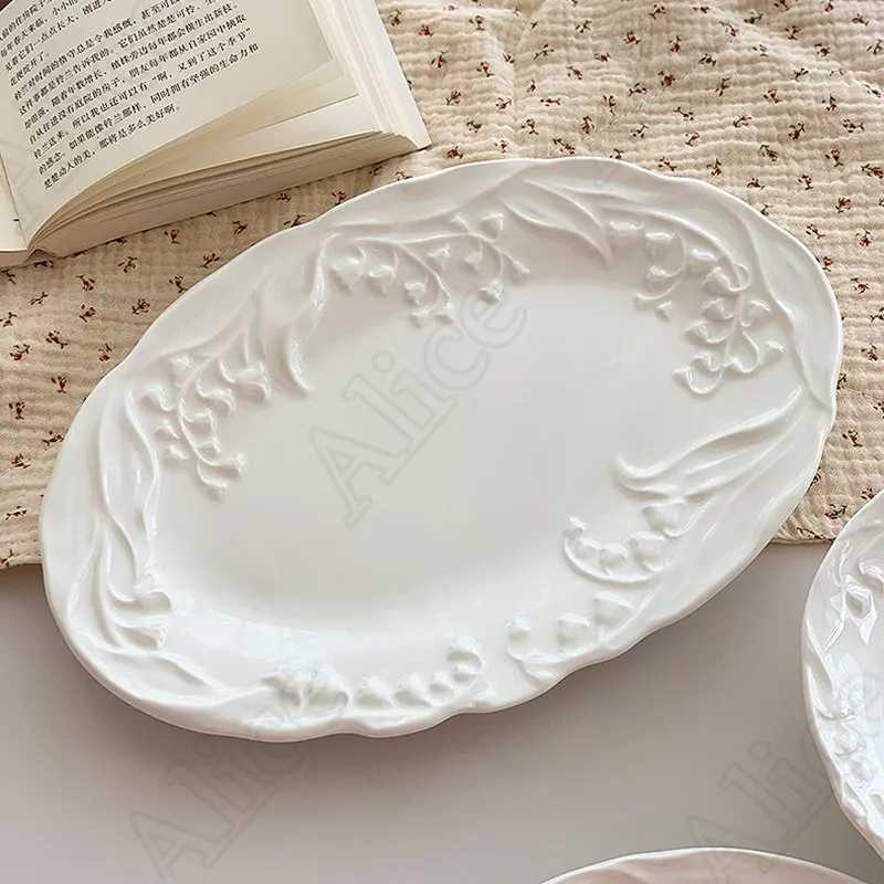 Luxury French Lily of The Valley Ceramic Plate Simple Solid Color Texture Tableware He Breakfast Bread Dessert Dinner Plates Y251129