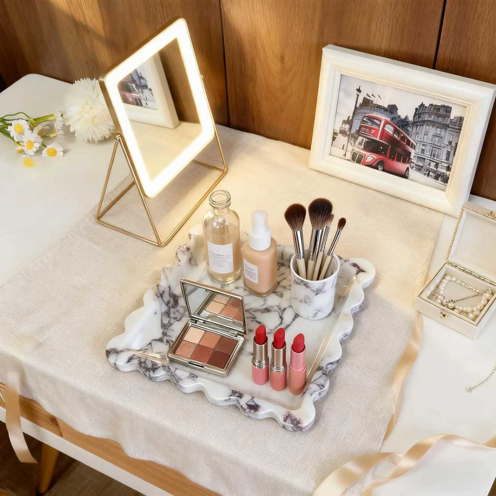 Scalloped Edge marble Tray Square Natural Calacatta Viola Stone Jewelry Organizer Dish Decorative Vanity Bathroom Storage Tray Y251129