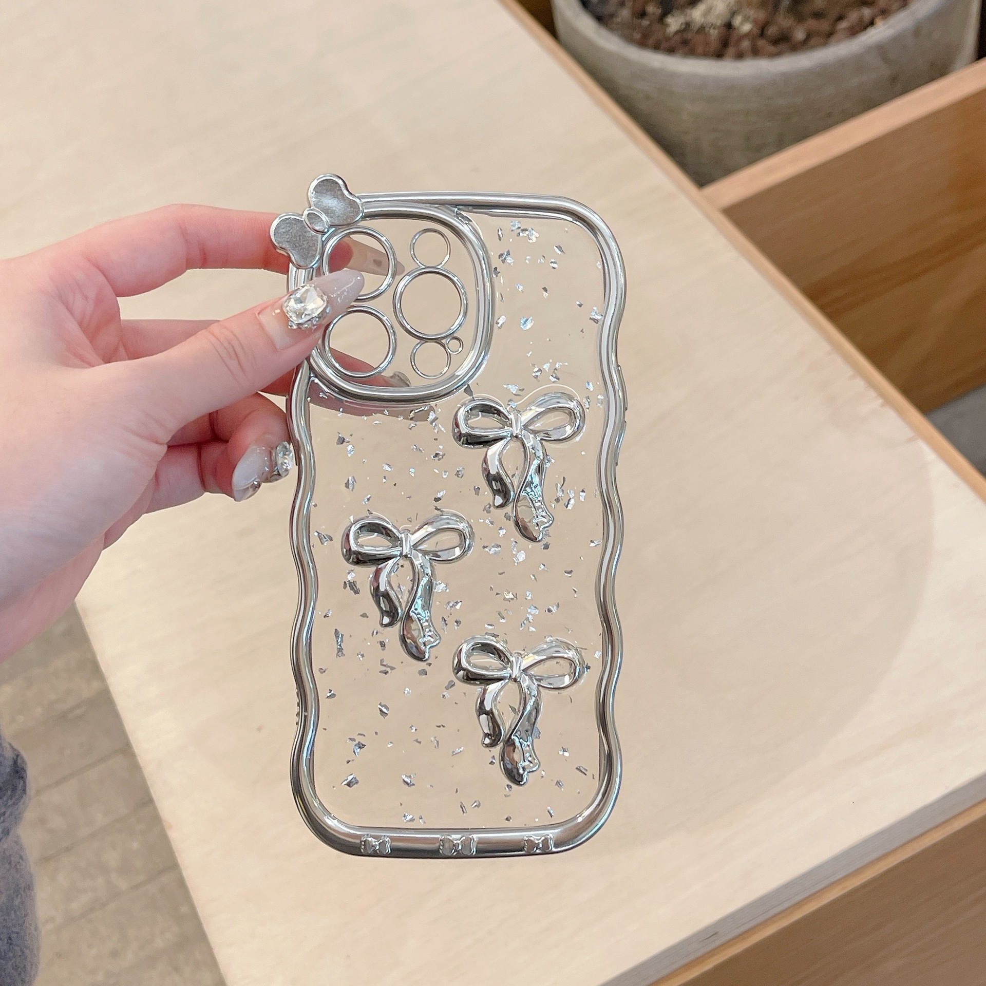 Bow Phone Case iPhone 16 Pro Max Electroplated Wave Compatible With Apple 15/14 Pro Transparent Soft Protective Case