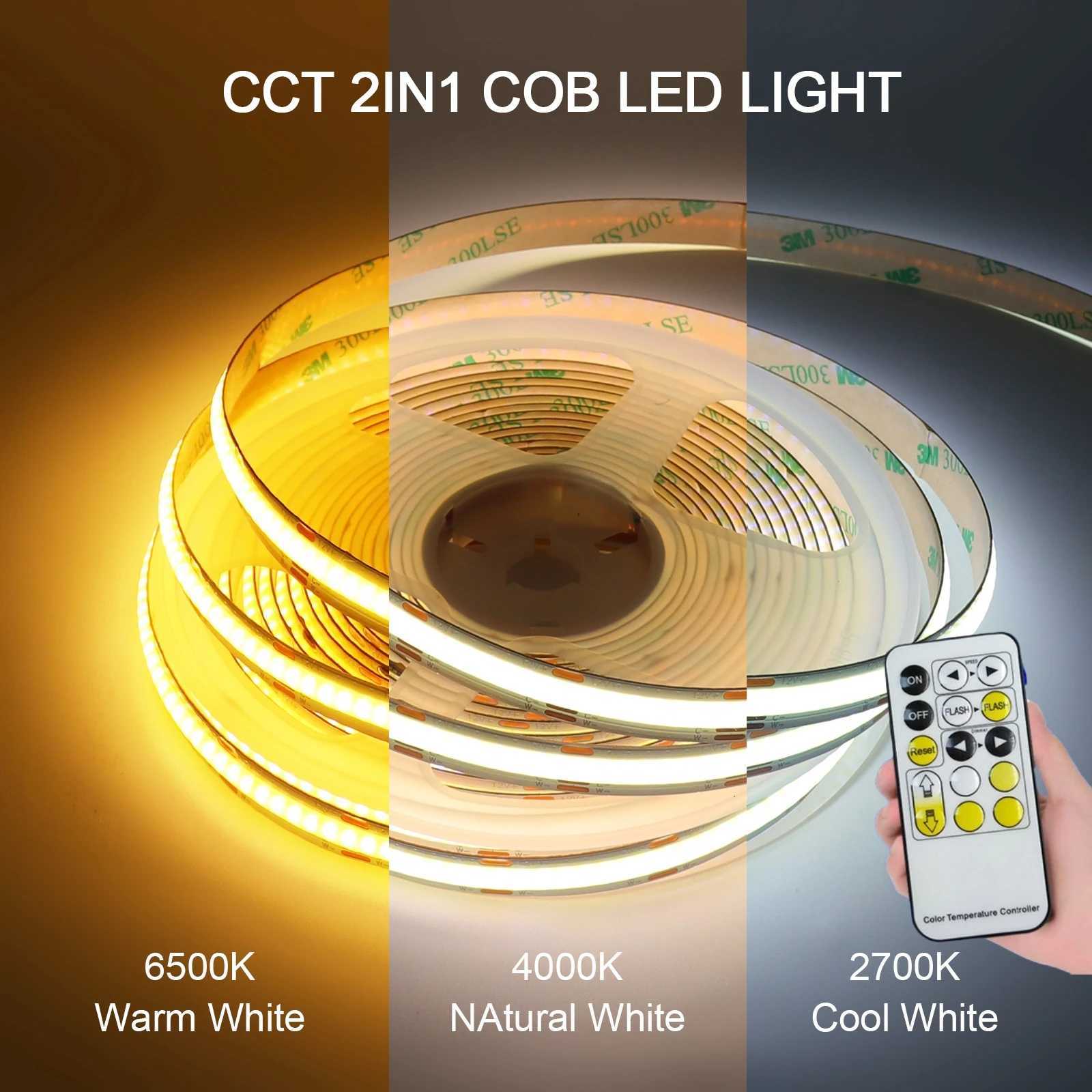 CCT COB LED Strip Light With 15keys RF Wireless Remote Controller RA90 Dimmable Adjust Brightness WWCW Dual Color Linear Tape M251129