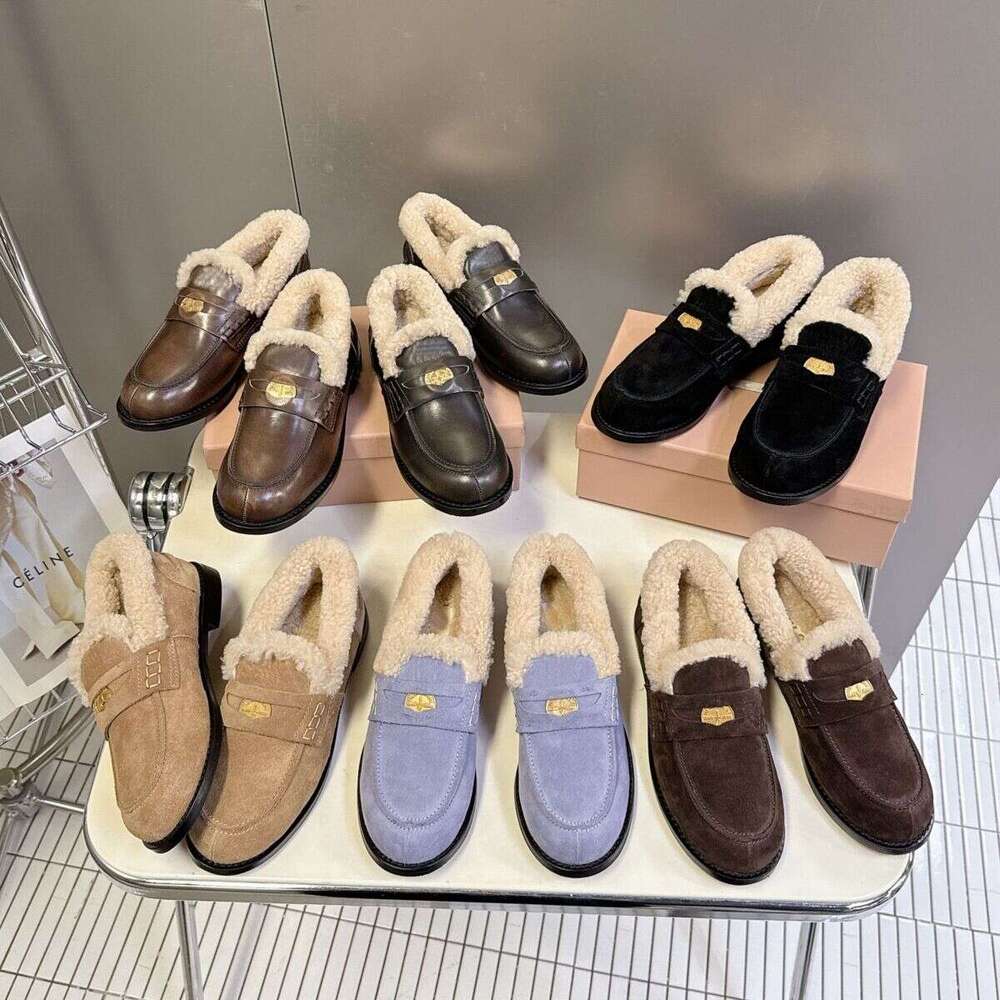 Autumn Winter cool warm Suede leather shearling penny loafers Fur shoe Women Cowhide Training Shoe Designer woman shoe loafer Ladies Coin Casual Shoes