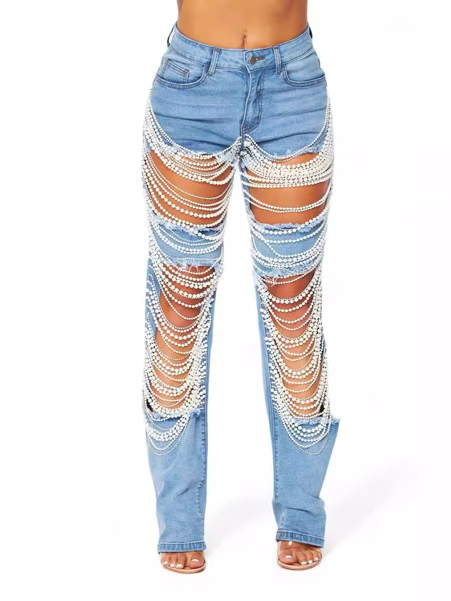 CNLONGBIDA Women's Jeans Big Hole Jeans Women's Chain Bead Chain Hanging Accessories Straight Leg Pants