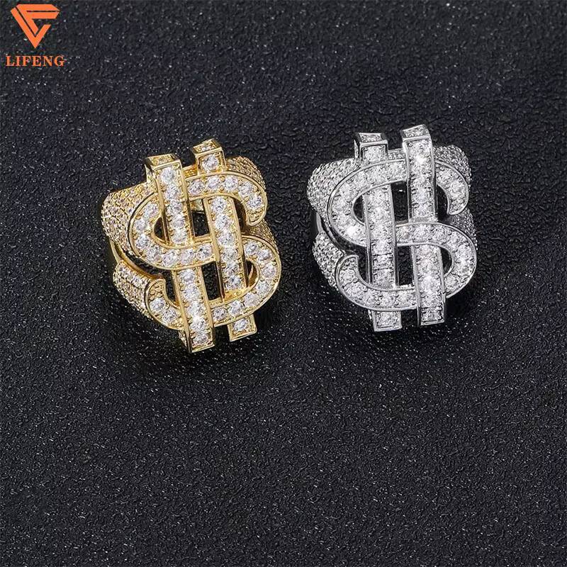 Hot Sale Hip Hop Full VVS Moissanite Ring Rock Hollow Out US Dollar Symbol Diamond Mens Rings Fashion Jewelry