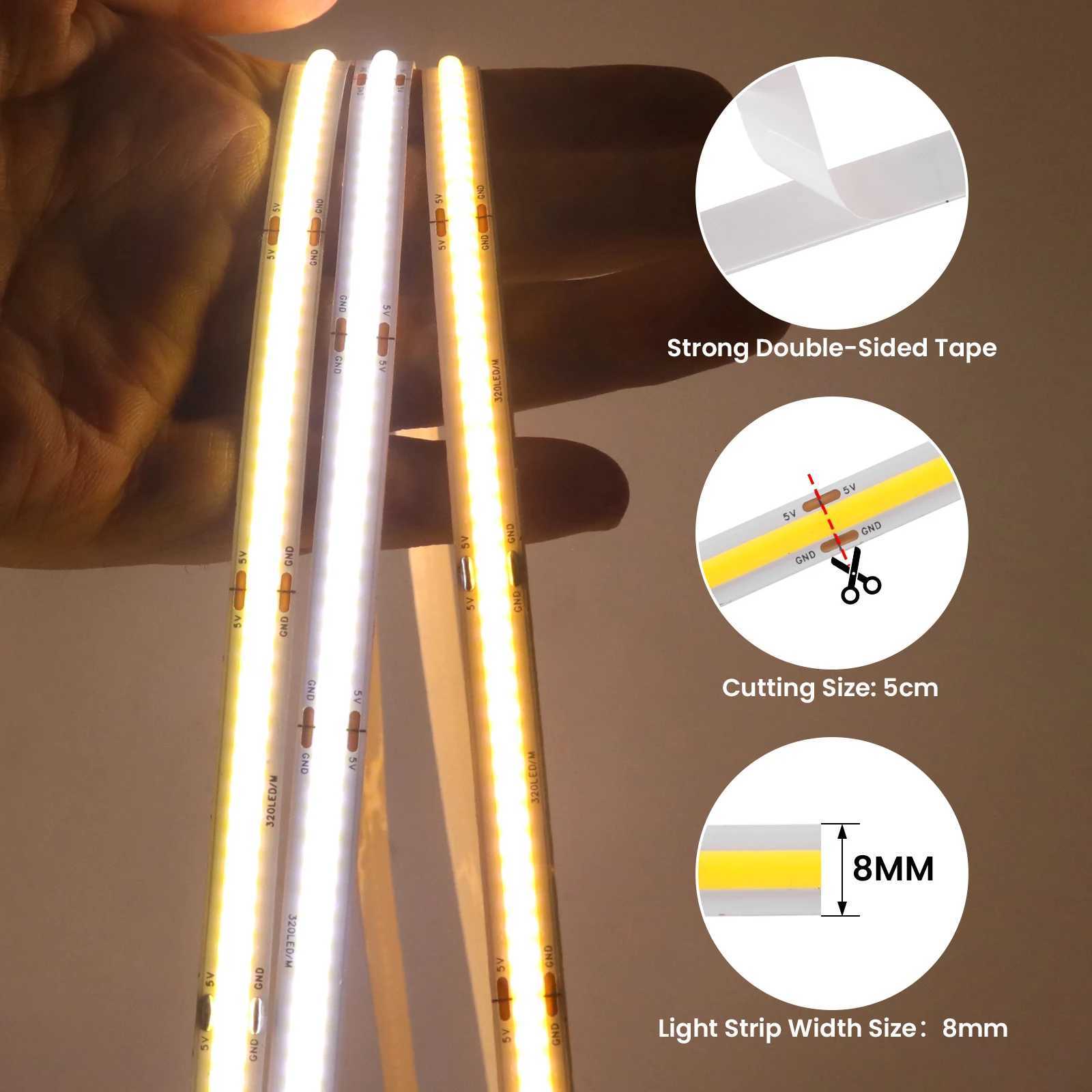 3AA Battery Box 5V COB Led Strip 8MM 320LEDs/M Warm Natural Cool White Flexible COB Strip Light for Bedroom Cabinet TV Backlight M251129