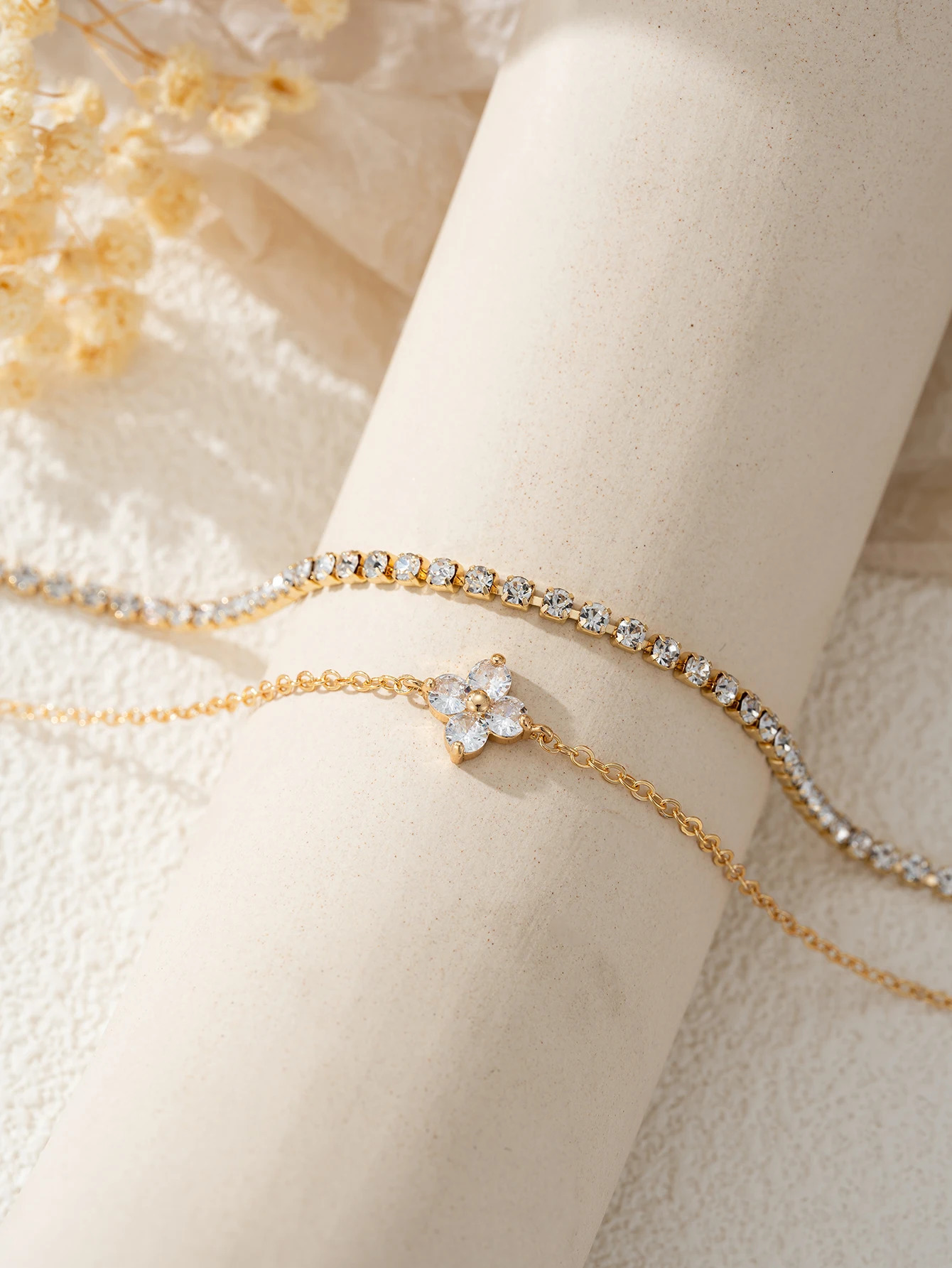 2pcs Simple Cubic Zirconia Flower Water Chain Womens Bracelet Set Daily Office Jewelry251128