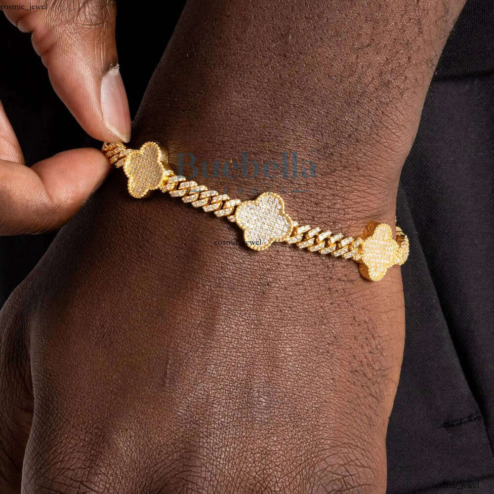 VVS Moissanite Hip-Hop Ice Out Fork 14mm Silicon Stone 14 CT White Gold Plated Clover Cuban Bracelet