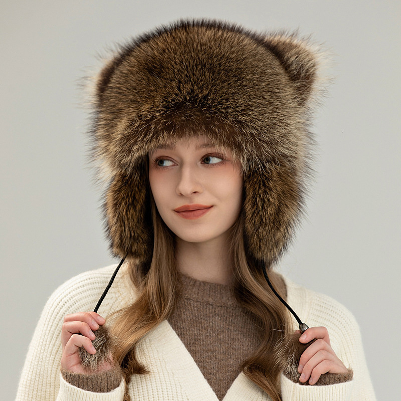 Trendy Womens Winter Hats Fluffy Stylish Warm Genuine Fashion Fur Hat Russian Raccoon Tail Hat 240910