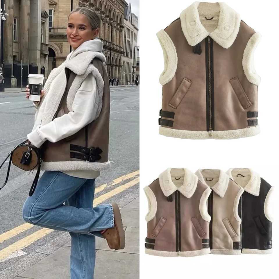 2025 Autumn and winter new products Womens new fashion casual Polo collar zipper three color imitation wool panel vestT251129