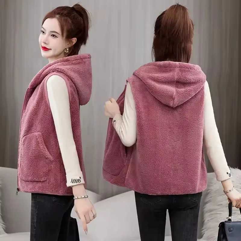 Korean Hooded Fleece Vest Jacket 2025 New Autumn Winter Women Sleeveless Jacket Lady Casual Warm Soft Waistcoat FemaleT251129