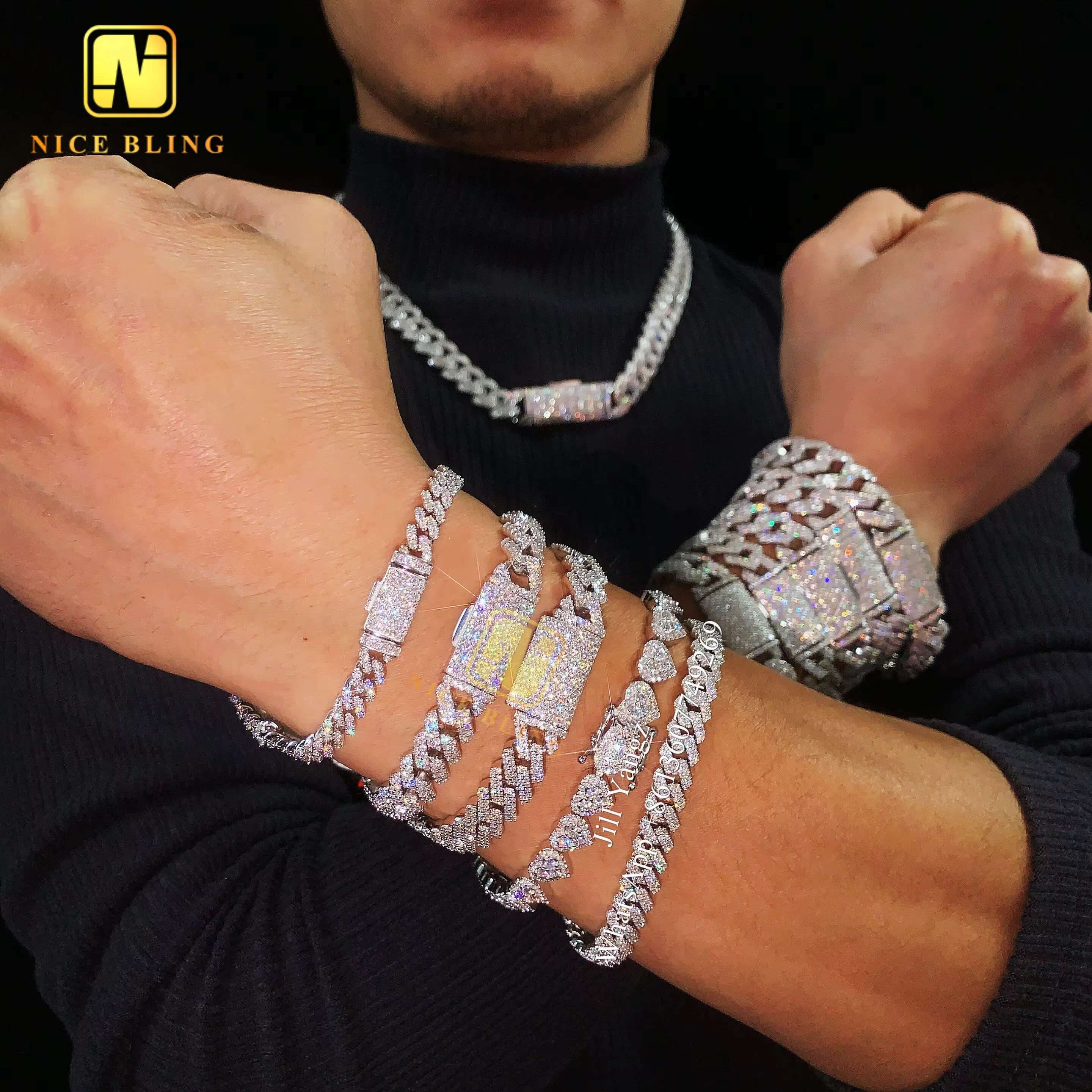 Nice Bling Jewelry Affordable Moissanite Cuban Bracelet Ready Stock 6mm to 14mm Hip Hop Rock Moissanite Cuban Chain 925 Silver