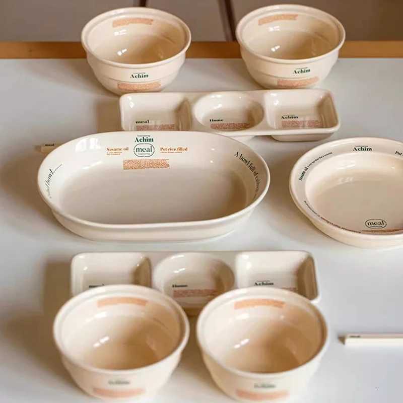 Luxury Ceramic Plate Set Oval Plates Korean Simple Letter Printing Breakfast Fat-reducing Meal Dishes Three-plate Kitchen Tableware Set Y251129