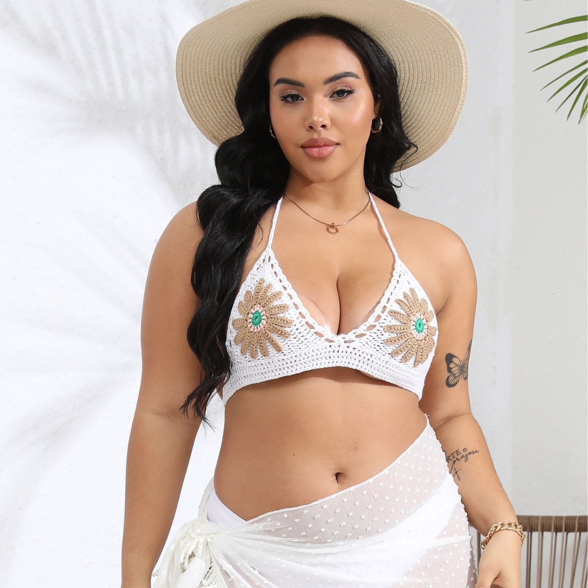 Womens Top Womens Sexy Beach Strap Pure Hand Hook Flower Splicing Strap Bikini Top