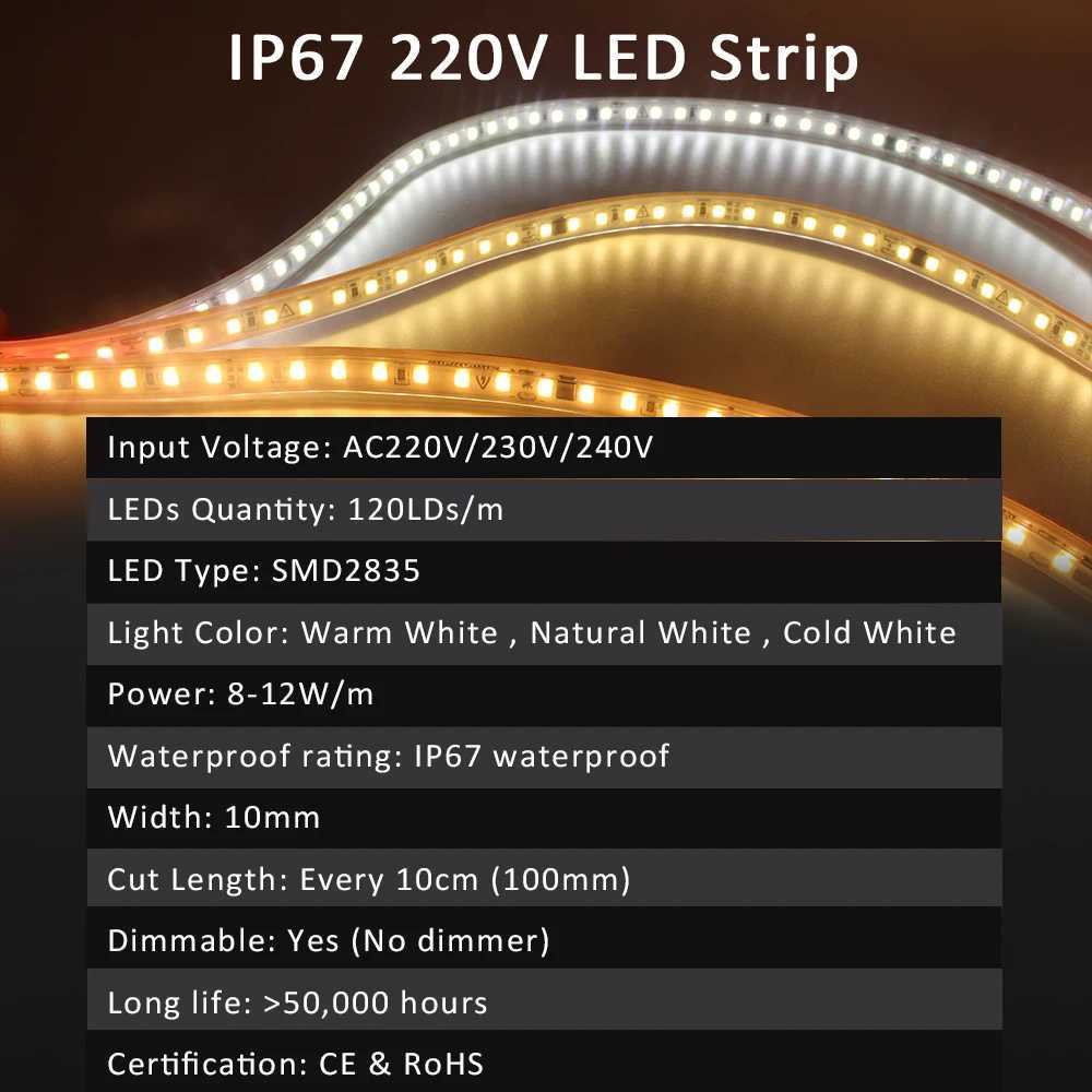 220V LED Strip Light SMD2835 120LEDs/m Waterproof Tape Lamp with EU Plug 1M 2M 3M 5M 10M 15M 20M Decor Lighting for the Yard M251129