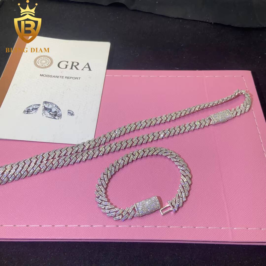 Hot Sale Fashion 10mm Cuban Chain 925 Silver Mosainite Iced Out Jewelry VVS1 Moissanite Hip Hop Pass Diamond Tester with GRA