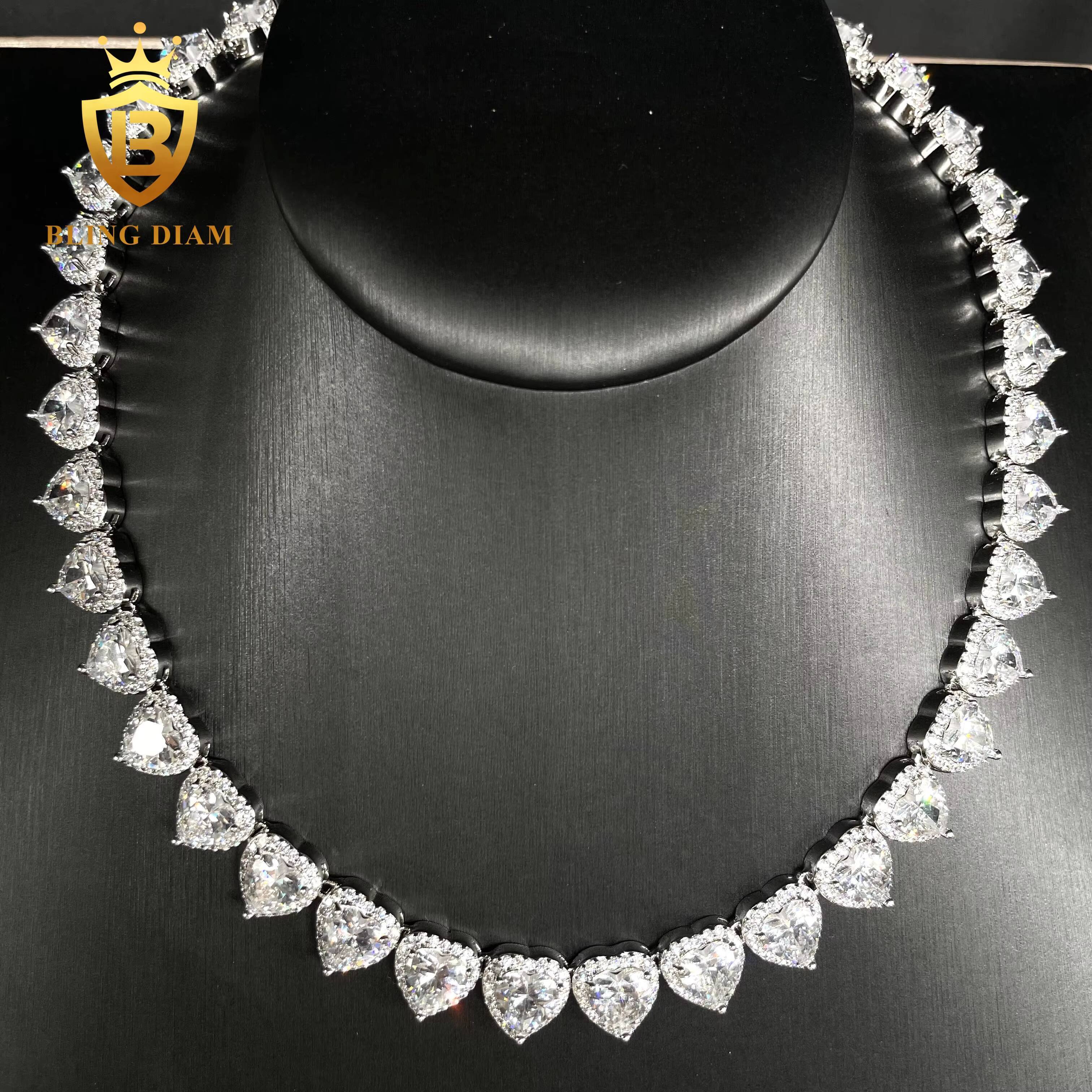 Fashion Jewelry Hip Hop Rapeer Heart Design Chain 10mm Iced Out Diamond Clustered Heart Cut Tennis Chain Necklace