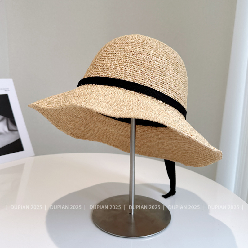 Handmade crochet Lafite grass French fine bow ribbon fishing hat womens summer sun protection straw hat sun basin hat250428
