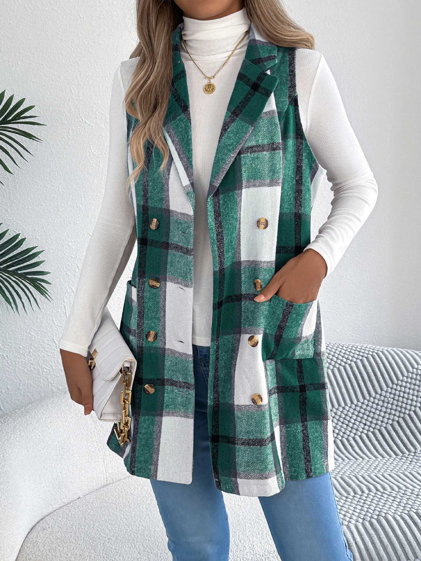 Women Blazer Lapel Double Breasted Plaid Vest Sleeveless Pocket Detail Fall Winter GetawayT251129