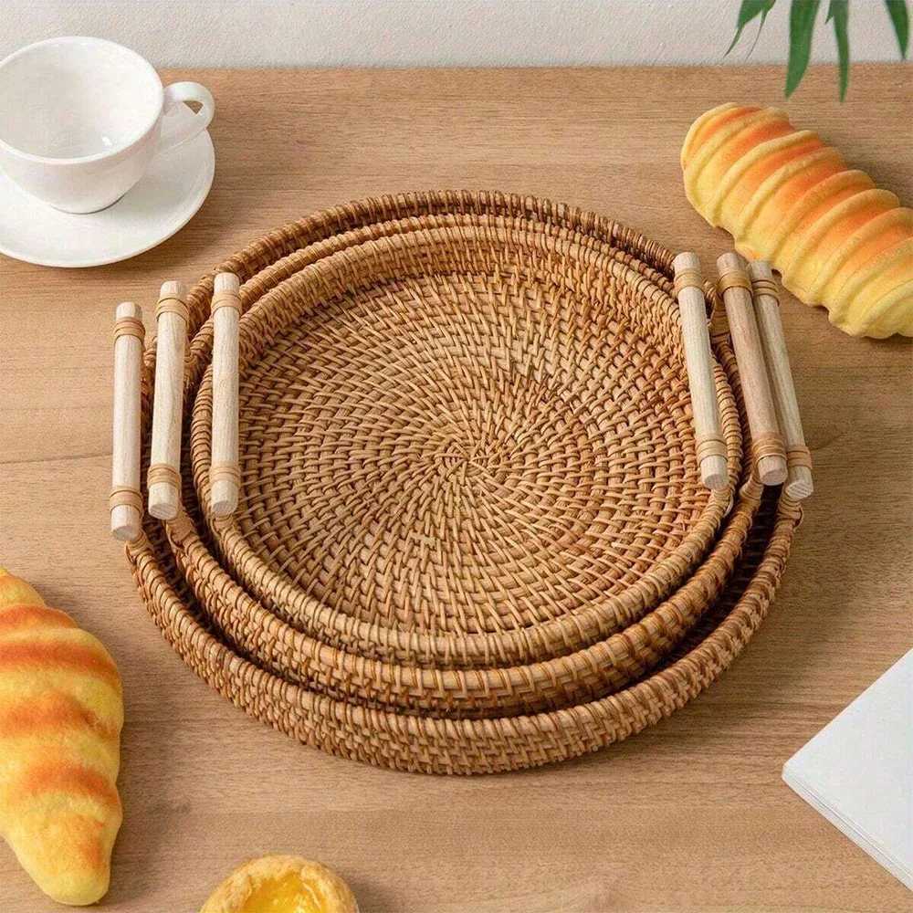 Handmade Rattan Tray Double Ear Tea Fruit Serving Tray Bread Snack Storage Woven Basket Insulated Art Decoration Home Decor Y251129