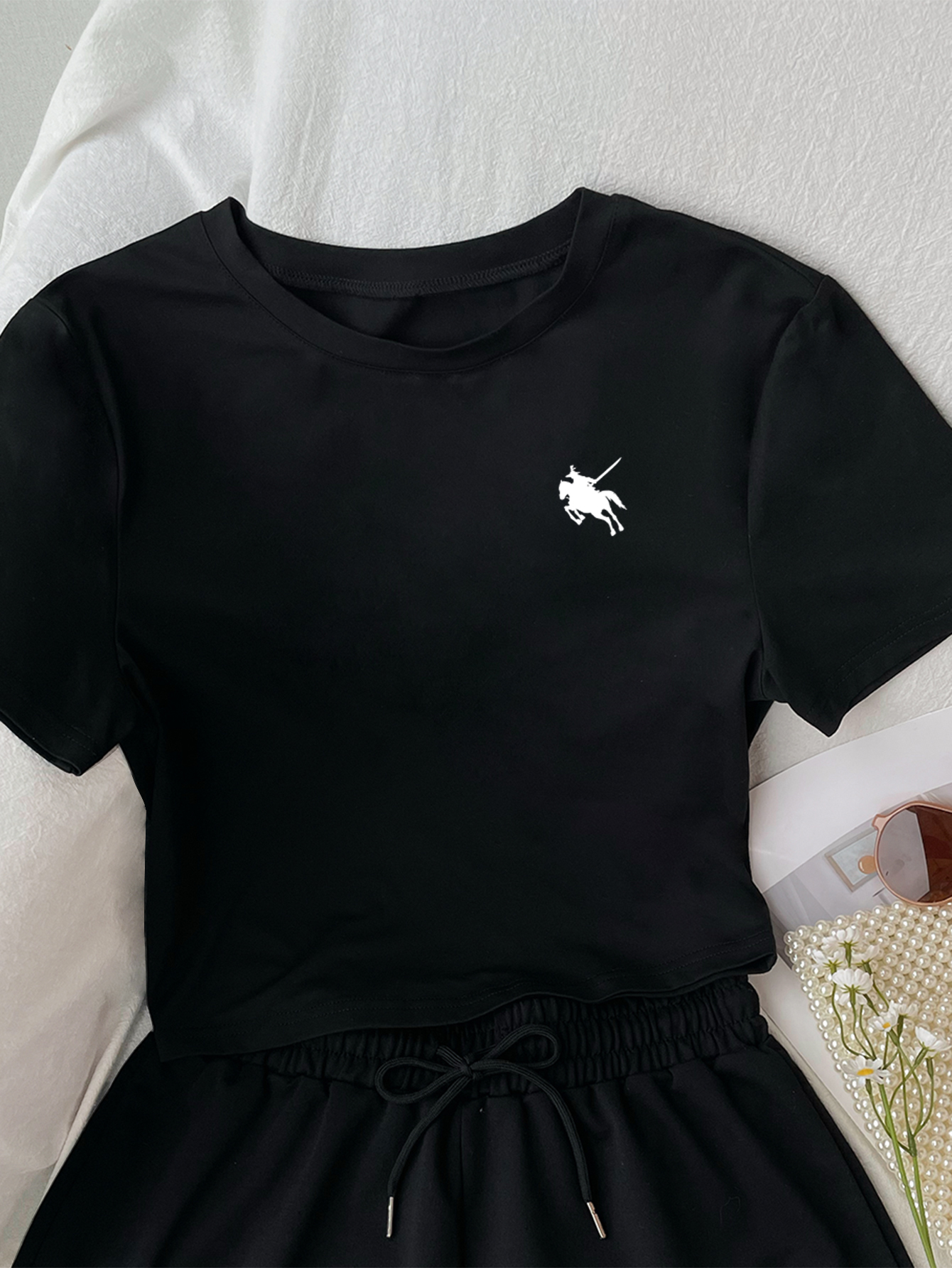 Women's Black T-Shirt & Shorts Set: Young Fashion Style, Casual Comfortable Summer Sport Outfit with printing, Relaxed-Fit Two-Piece Suit-S2